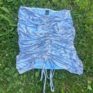 Brown & blue squiggle print mesh skirt